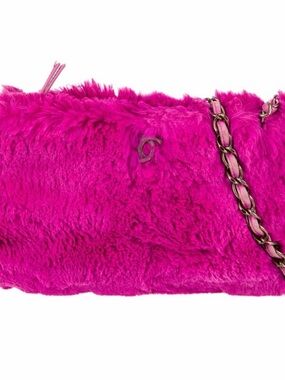 Authentic Chanel Fur Pink Shoulder Bag with Chain Strap